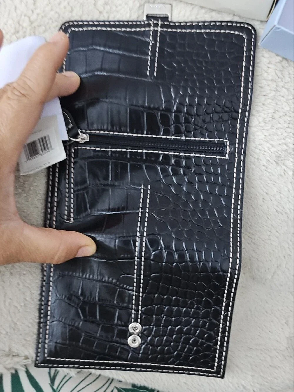 Liz Claiborne Black Croc-Embossed Wristlet with White Stitching